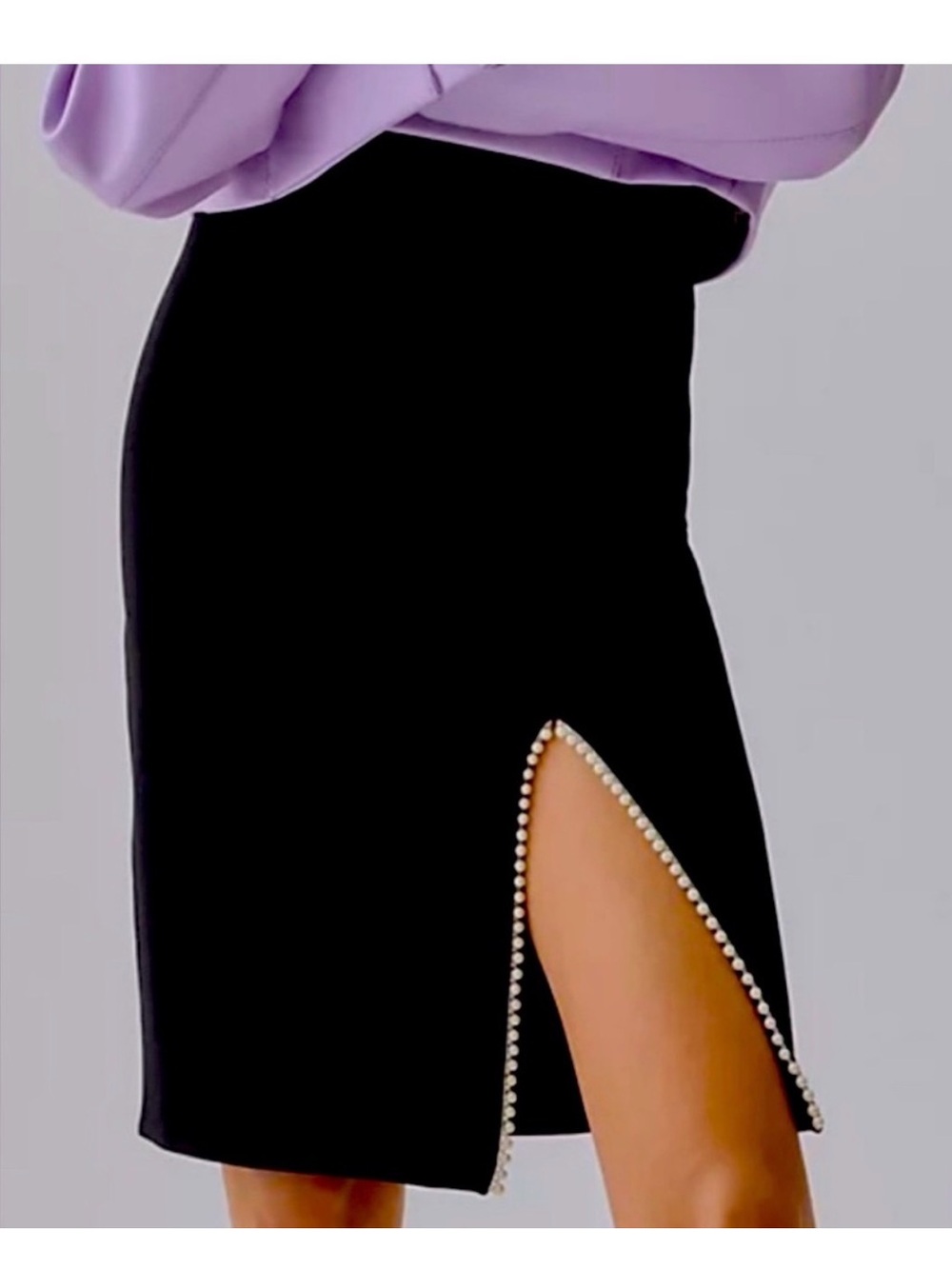 Anthropologie Black Pencil Skirt with Pearl-Trim Slit